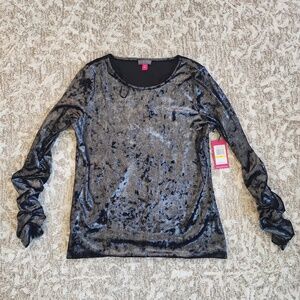 NWT VINCE CAMUTO BLCK SLVER METALLIC STRETCHY CRUSH VELVET RUCHED SLEEVES- MED